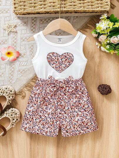SHEIN Vintaside Kids 2 pièces/Set Top sans manches et short pour bébé fille avec imprimé floral en forme de cœur, été