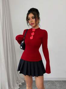 Chiquease Women's Handcrafted Crochet Flare Sleeve Fitted Red Sweater, New Year Style Knit Pullover Fall Winter Sweater - Red - View 5