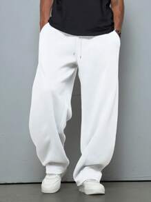 Manfinity Hypemode Pantalón de chándal de unicolor con cordón y bolsillo para hombres, uso casual diario simple - Blanco - Ver 3