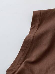 SHEIN Clasi 女士优雅性感 V 领短袖 T 恤，正面交叉拼接细节，荷叶边胸围，修身剪裁，咖啡色针织面料，春夏 - 棕色 - 查看 5