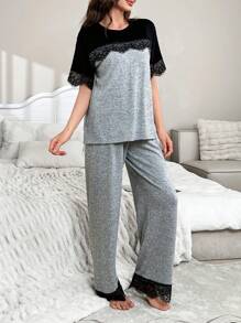 CoupledUp Contrast Color Splice Lace Design Casual Grey Round Neck Pajama Set - Grey - View 6