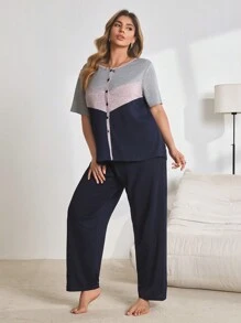 2pcs Contrast Color Knit Top And Pants Pajamas Set, Casual