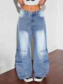 SHEIN ICON 复古美式休闲直筒女式牛仔工装裤 - 中等水洗藍 - 查看 1