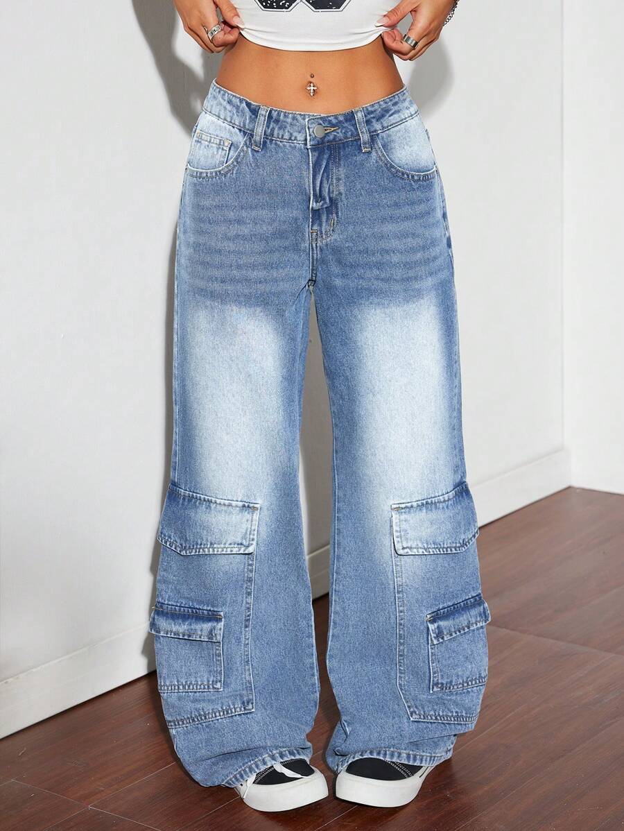 SHEIN ICON 复古美式休闲直筒女式牛仔工装裤 - 中等水洗藍 - 查看 1