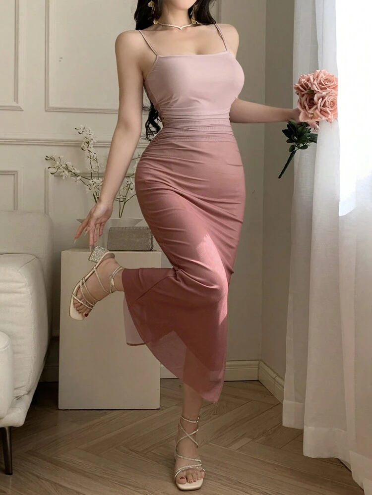 Women Gradient Color Slim-Fit Dress With Spaghetti Strap Elegant Sundress