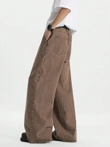 Chillumni Men's Loose Fit Khaki Wide Leg Jeans - Khaki - View 3