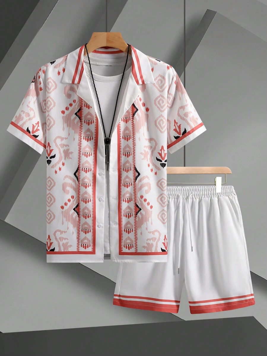 Manfinity Chillmode 男式前扣短袖印花休闲上衣和短裤 2 件套 - 彩色 - 查看 1