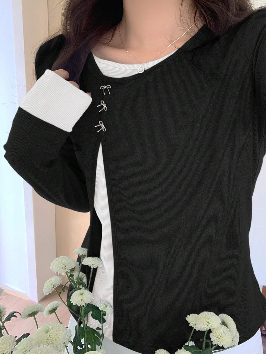 DAZY 女士撞色长袖二合一斜翻领圆领蝴蝶T恤，秋季服装 - 彩色 - 查看 1