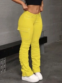 SHEIN ICON 女式纯色前扣口袋简约褶皱休闲牛仔裤 - 黃色 - 查看 5