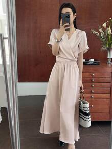 DAZY 2件套女士纯色短袖衬衫和裙子套装