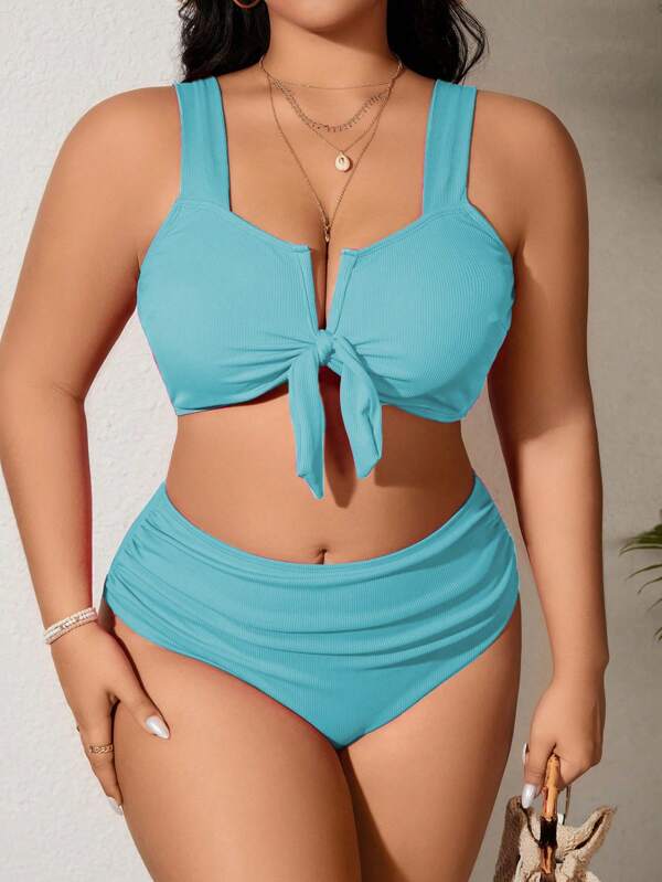 SHEIN Swim Curve 2 件大码女士纯色比基尼泳装套装，休闲度假，夏季海滩度假