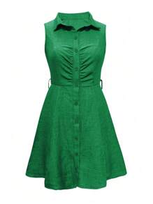 SHEIN LUNE Women's Solid Color Single-Breasted Sleeveless Shirt Dress - Green - View 3