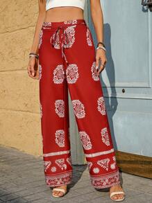 Chiquease 女式休闲复古花卉印花直筒裤，腰部有抽绳，侧面有拉链