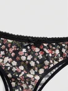ROMWE 3pcs/Set Floral All-Over Print Lace & Mesh Splice Bikini Briefs, Rustic Style - Multicolor - View 4