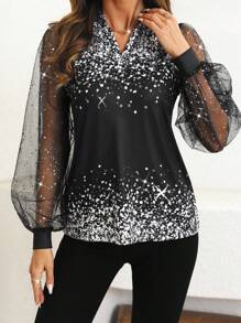 SHEIN Clasi Camiseta ajustada de manga abullonada con estampado y tela de organza metalizada de color plateado - Negro - Ver 3