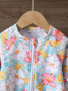 Girls' Printed One-Piece Swimsuit Girls' Floral Print One-Piece Swimsuit With Long Sleeves And Zipper Detail Young Girls' Multicolor High Neck Swimsuit With UPF 50+ Sun Protection Perfect For Summer Beach Days