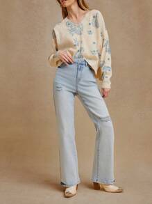 WESTFADE 高腰破洞膝盖宽松喇叭牛仔裤 - 藍色 - 查看 3