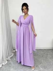 Rafferiza Vestido elegante de mujer para banquetes diarios, bodas, con escote en V, plisado en la cintura, corte evasé, chal transparente de gasa color lavanda para primavera y verano, falda larga de tela para otoño
