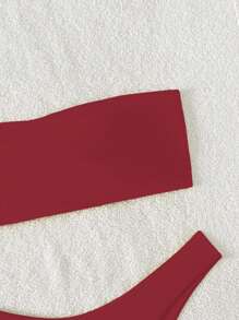 Swim Mod Springbreak Solid Color Bandeau Bikini Set, Vacation Beach - Burgundy - View 3