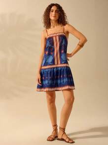 CAJUNI Women's Boho Style Star, Flower, Bird & Plant Print Spaghetti Strap Back Tie Short Casual Beach Summer Dress - Multicolor - View 4