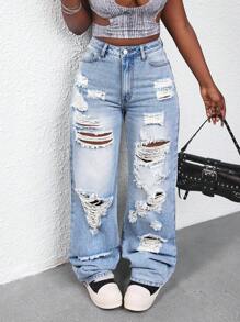 SHEIN Slayr Women's Distressed Straight Leg Washed Denim Jeans