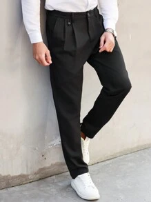 Manfinity Mode Plus Size Men's Solid Color Pleated Pocket Casual/Work Trousers - Black - View 4