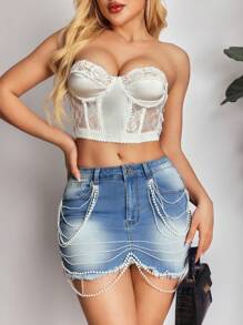 SHEIN SXY Denim Rock in Blau, neuer leichter, dehnbarer, körperbetonter Minirock mit Perlendetail für den Sommer, modisches Design - Blau - Übersicht 1