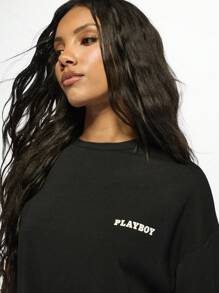 Missguided x Playboy Collection Rhinestone Bunny Logo Oversized T-Shirt | Streetwear Fashion Statement Top | Urban Casual Club Party Wear - Black - View 4