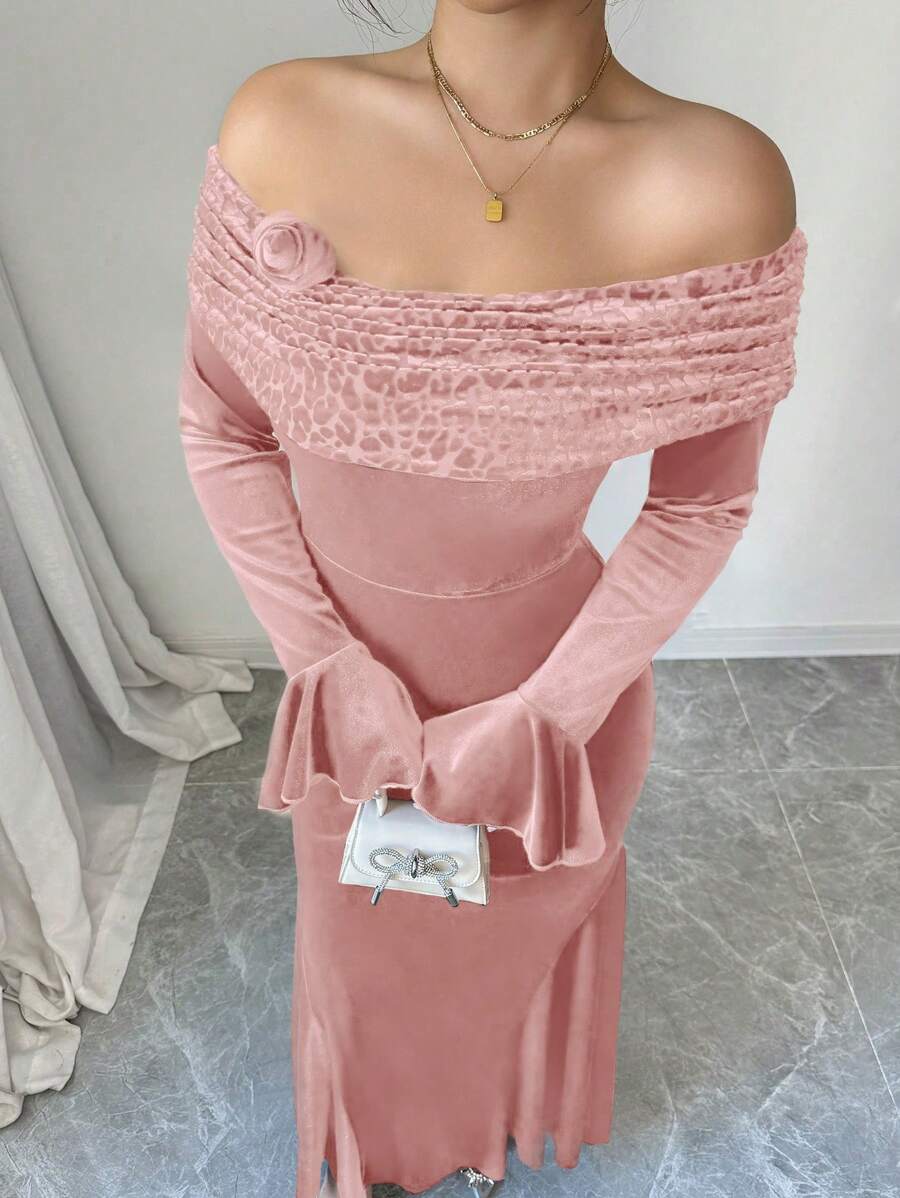Modelyn Velvet Patchwork Splice Off Shoulder Fitted Dress For Women For New Year Clothes Fall Cloth For Women - Pink - View 1