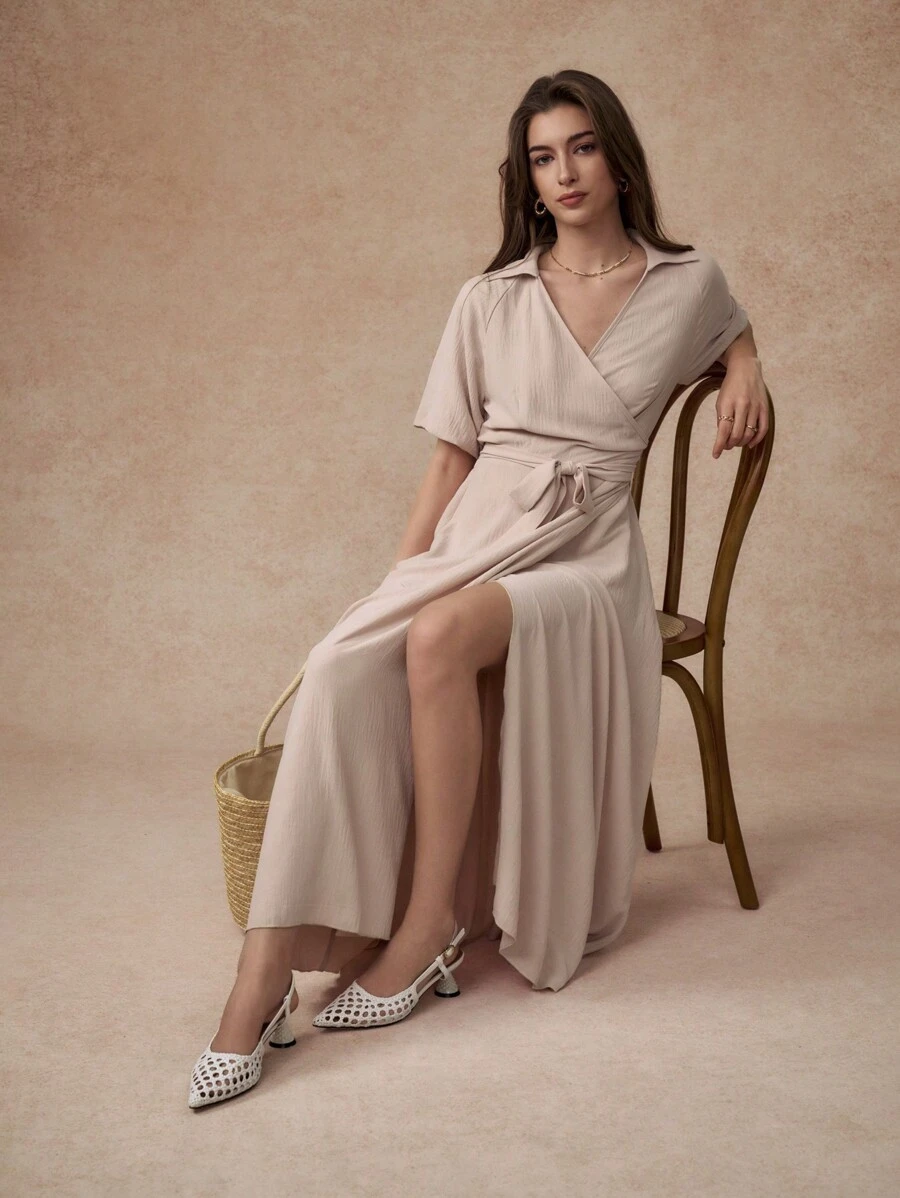 Écloséra Vestido largo informal de mujer de manga corta y unicolor con detalle de lazo - Albaricoque - Ver 1