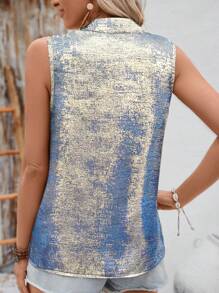 SHEIN Clasi Women's Elegant Metallic Foil Pleated Button Front Sleeveless Blouse, Spring/Summer - Blue - View 2