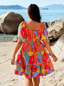 Flirla Plus Size Women Square Neck Heart Collar Krótki rękaw Nadruk Klatka piersiowa Wiązanie Kokarda Elegancka Retro Wakacyjna Sukienka Midi