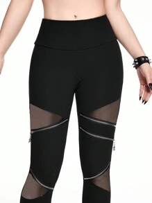 ROMWE Gothic Pentagram Zipper Decor Hollow Out Splice Women's Skinny Stretchy Leggings - Black - View 6