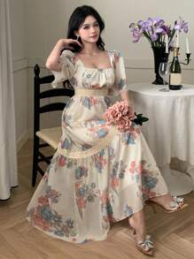 DAZY 女士中长款碎花连衣裙，春夏优雅，挤奶女工连衣裙