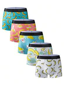 Happy Jammies 5pcs/Set Men's Banana Print Comfortable Casual Boxer Brief Underwear