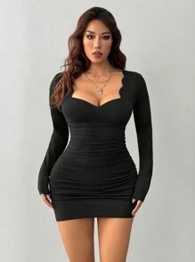 INAWLY Plus Size Women Elegant Sexy Wave Collar Ruched Long Sleeve Mini Dress - Black - View 5