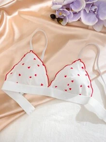 Valentine's Day Cute Heart Pattern Wireless Triangle Lace Trim Lingerie Bra, Lightweight - White - View 1