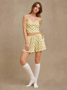 WESTFADE 春夏蝴蝶结图案印花镂空中腰休闲图案休闲短裤 90 年代风格 - 黃色 - 查看 3