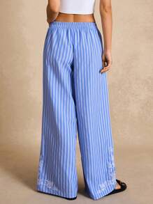 Poéselle Women Casual Striped Floral Embroidered Wide Leg Pants - Blue and White - View 2