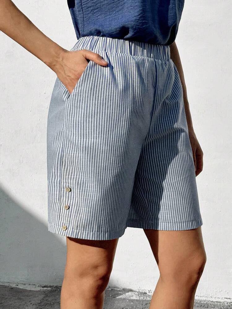 Mid-Rise Bermuda Shorts, Solid Color Side Pockets, Loose & Fashionable Basic Style