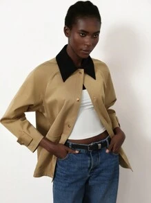 Aveloria Modichic Color Block Casual High-End Minimalist Workwear Style Corduroy Patchwork Lapel Flap Pocket Long Sleeve Loose Women Jacket - Khaki - View 3