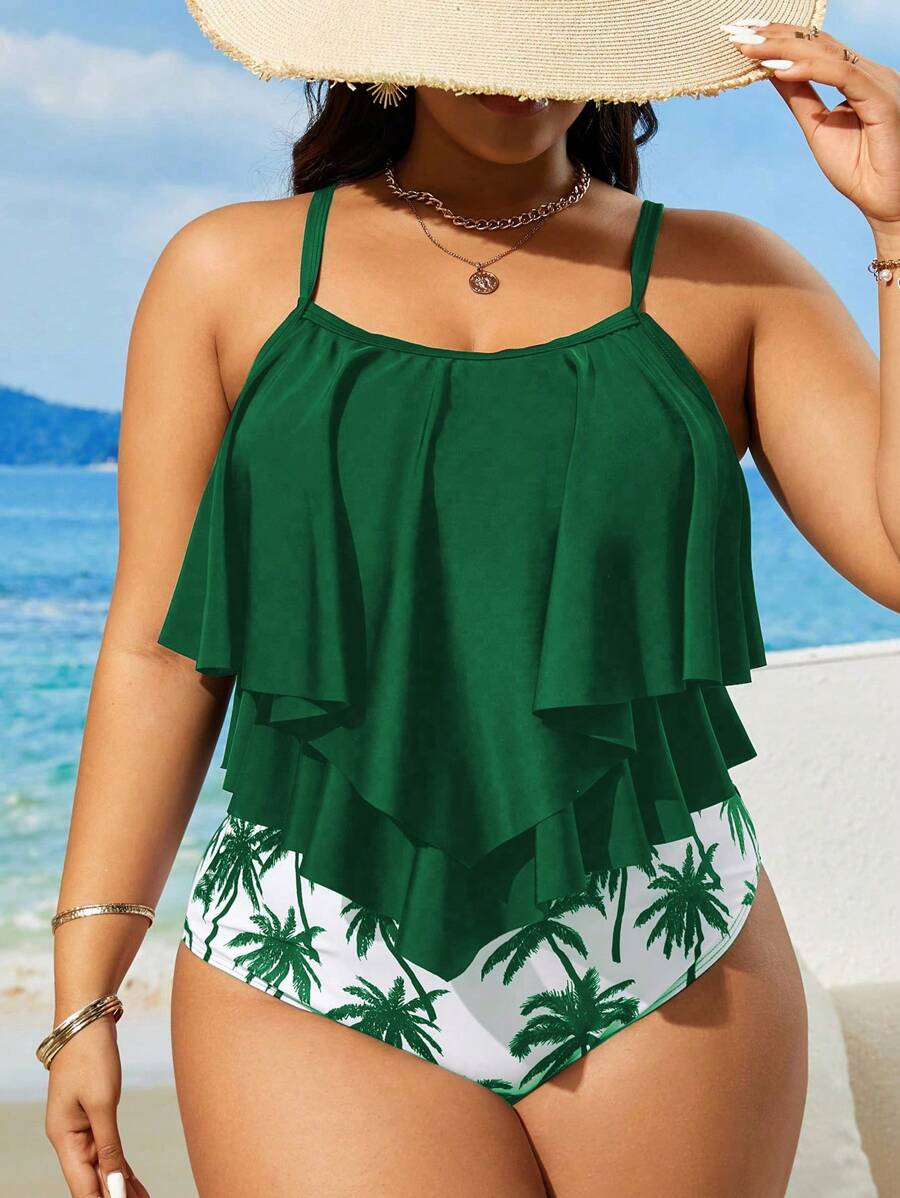 Swim Lushoire 2pcs Plus Size Women Strap High Waist Tankini Bikini Set, For Summer Beach Vacation - Green - View 1