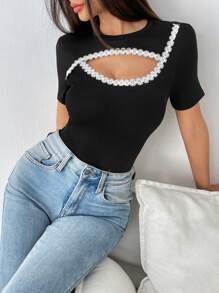 Chiquease Camiseta de moda de mujer con escote redondo, manga corta, con aplicación decorativa y diseño calado