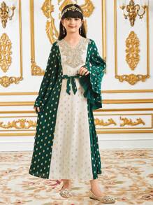 SHEIN Tween Girls Loose Casual Glittering Polka Dot Patchwork Ruffle Hem Color Blocked Dress - Green - View 1