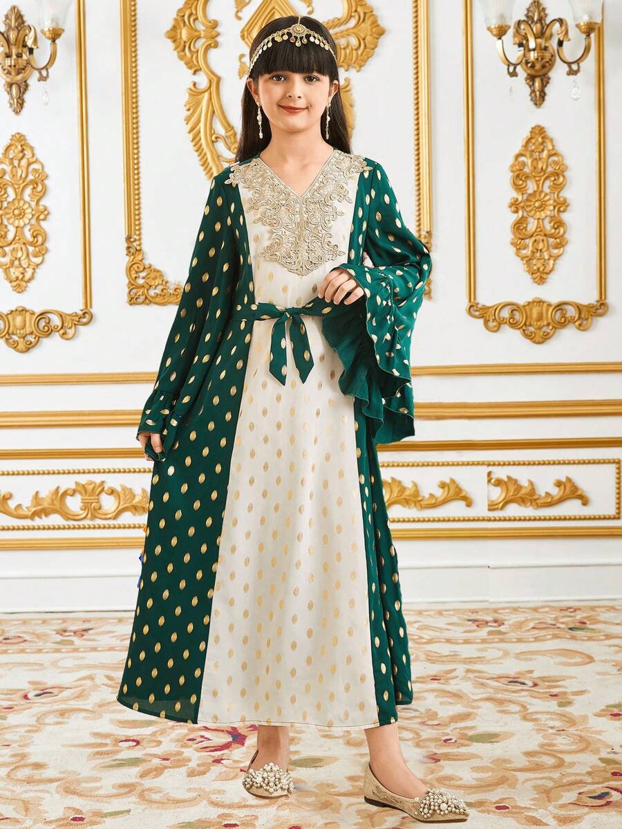 SHEIN Tween Girls Loose Casual Glittering Polka Dot Patchwork Ruffle Hem Color Blocked Dress - Green - View 1