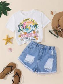 Bộ đồ ngủ in hình quả dừa đơn giản, nhẹ nhàng, thoải mái cho bé gái tuổi teen và quần short denim rách - trắng - Xem 1