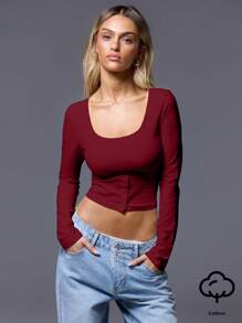 MUSERA Button Corset Long Sleeve Top Casual Summer Spring - Burgundy - View 5