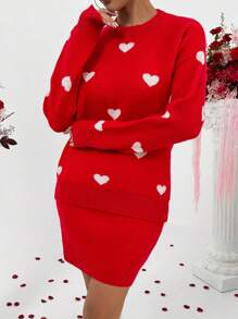 Chiquease Tuta da donna in colore borgogna con collo tondo, casual, con motivo a cuore, per l'autunno/inverno - Rosso e Bianco - Visualizzare 1