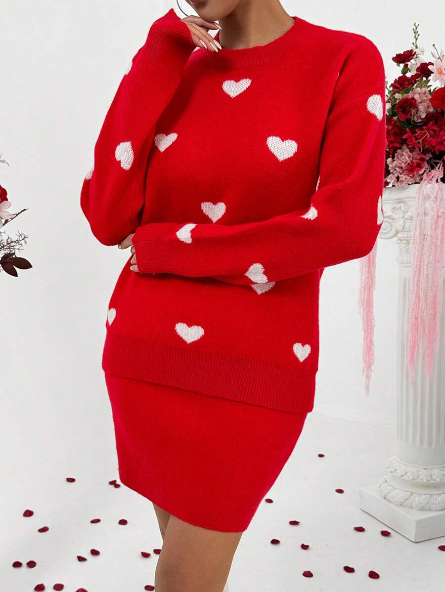 Chiquease Tuta da donna in colore borgogna con collo tondo, casual, con motivo a cuore, per l'autunno/inverno - Rosso e Bianco - Visualizzare 1