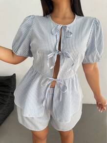 POPSWAY 2pcs/Set Plus Size Front Tie Short Sleeve Plaid Minimalist Top And Shorts - Multicolor - View 3